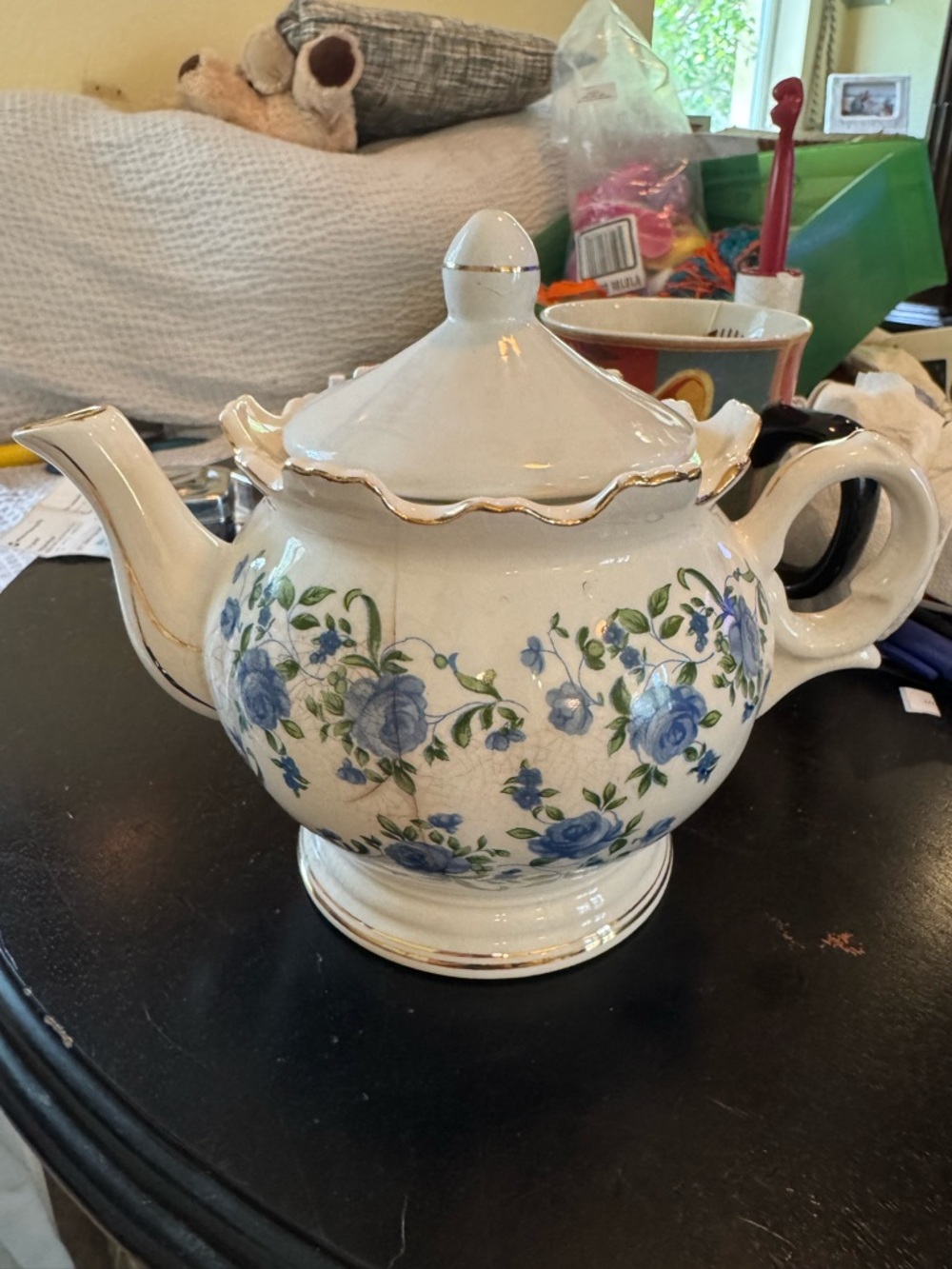 Classic White Porcelain Teapot with Blue Rose Floral Pattern - Unbranded